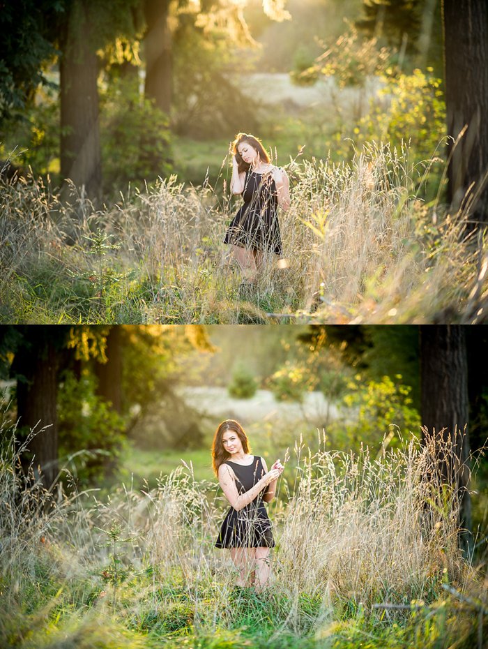 High school senior standing in a meadow in Discovery Park, Seattle with a beautiful evening sun glow in the background