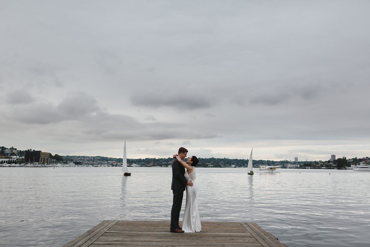 Couple embracing at their Seattle wedding.